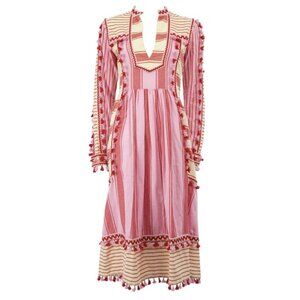 Dodo Bar Or Embroidered Stripe Midi Dress Tassel Fringe Pink Cotton Size Medium